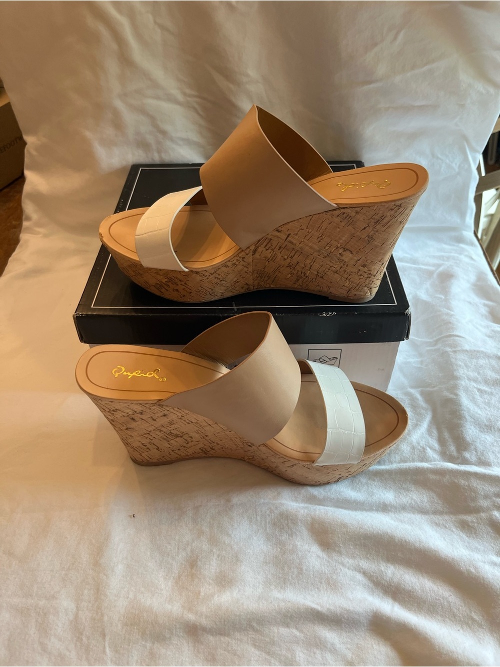 Qupid Two-Band Cork Wedge Slides in Beige and White, size 8.5
